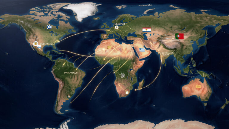 Carte éditoriale élégante reliant l’Uruguay, l’Argentine, le Paraguay, l’Espagne, le Portugal et le Maroc par des tracés lumineux au-dessus de l’océan Atlantique.