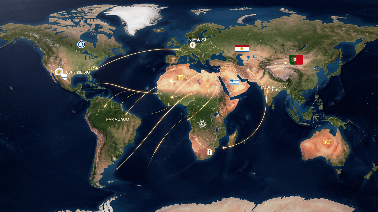 Carte éditoriale élégante reliant l’Uruguay, l’Argentine, le Paraguay, l’Espagne, le Portugal et le Maroc par des tracés lumineux au-dessus de l’océan Atlantique.