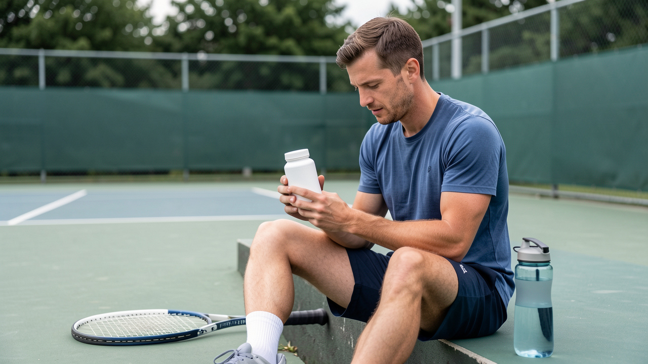 Joueur amateur de tennis assis au bord d’un court, observant un contenant neutre de complément alimentaire, avec une raquette et une gourde posées à ses côtés.
