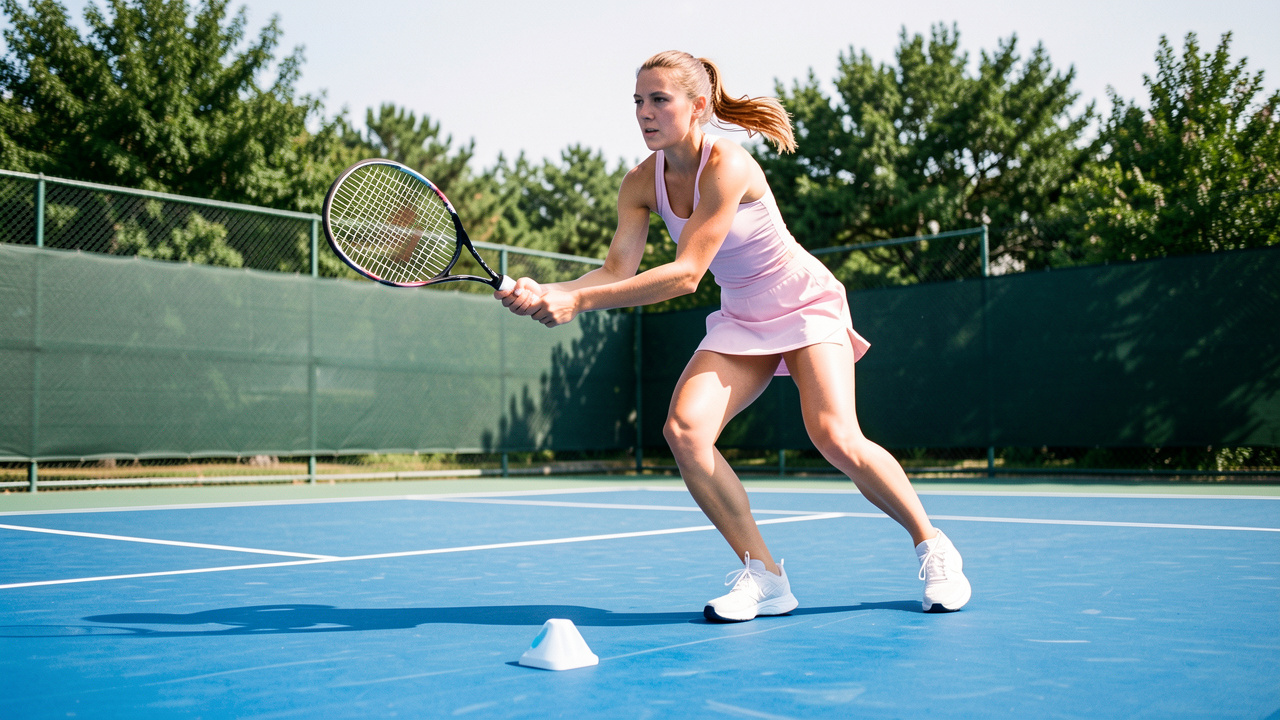 Joueuse de tennis réalisant des exercices d’appuis et de renforcement sur un court extérieur lumineux.
