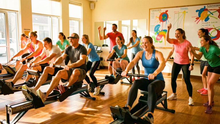 Salle de cross-training chaleureuse où des hommes et des femmes se relaient sur des rameurs, entourés de bénévoles et d’un tableau de progression coloré.